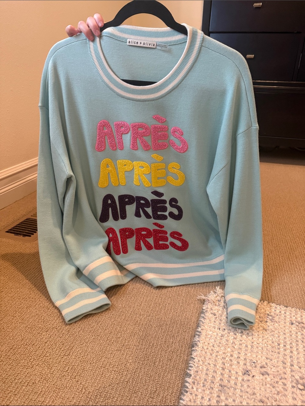 Alice + Olivia Light Blue 'APRÈS' Multi-Color Embroidered Sweatshirt